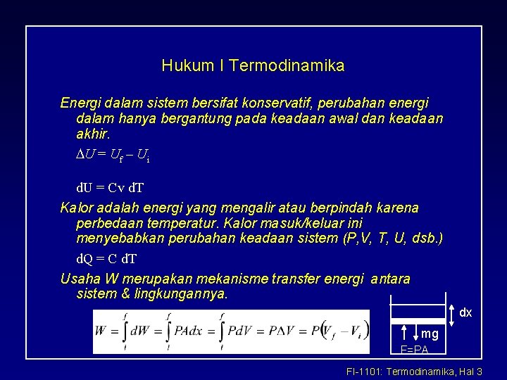 Hukum I Termodinamika Energi dalam sistem bersifat konservatif, perubahan energi dalam hanya bergantung pada Hukum I Termodinamika Energi dalam sistem bersifat konservatif, perubahan energi dalam hanya bergantung pada