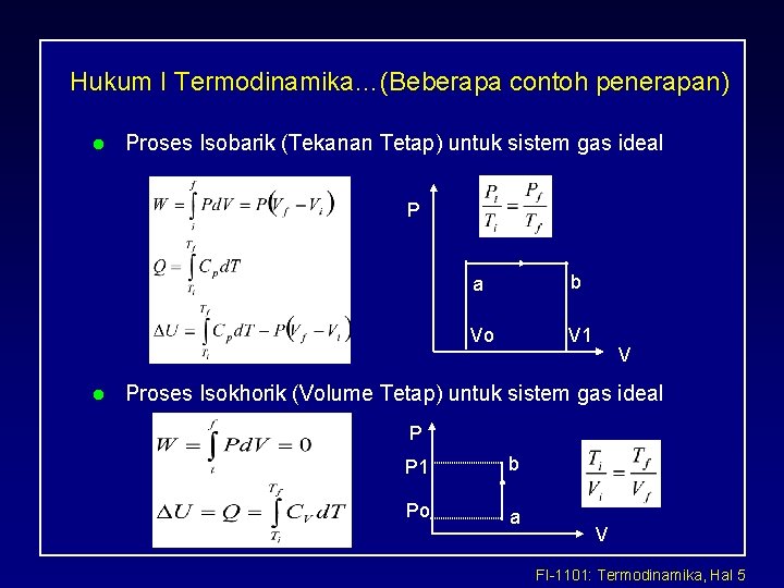 Hukum I Termodinamika…(Beberapa contoh penerapan) l Proses Isobarik (Tekanan Tetap) untuk sistem gas ideal Hukum I Termodinamika…(Beberapa contoh penerapan) l Proses Isobarik (Tekanan Tetap) untuk sistem gas ideal
