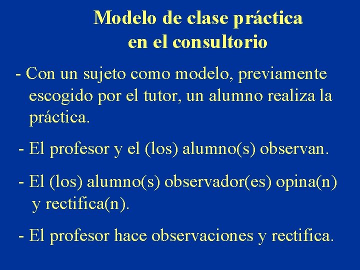 Modelo de clase práctica en el consultorio - Con un sujeto como modelo, previamente
