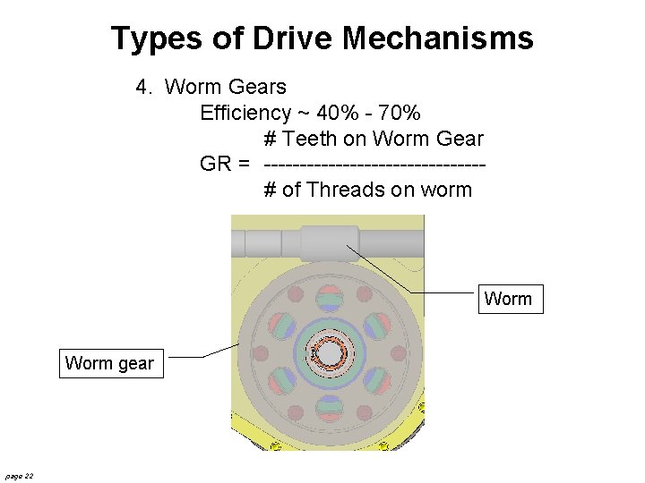 Types of Drive Mechanisms 4. Worm Gears Efficiency ~ 40% - 70% # Teeth