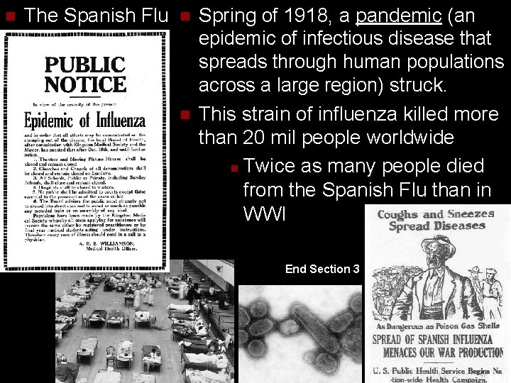 n The Spanish Flu n n Spring of 1918, a pandemic (an epidemic of