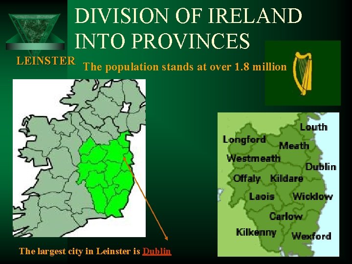 DIVISION OF IRELAND INTO PROVINCES LEINSTER The population stands at over 1. 8 million