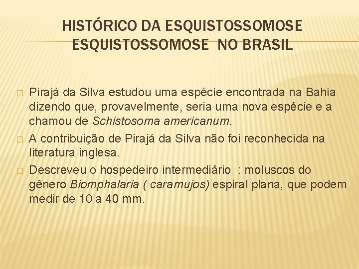 HISTÓRICO DA ESQUISTOSSOMOSE NO BRASIL � � � Pirajá da Silva estudou uma espécie