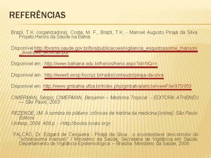 REFERÊNCIAS Brazil, T. K. (organizadora), Costa, M. F. , Brazil, T. K. - Manoel