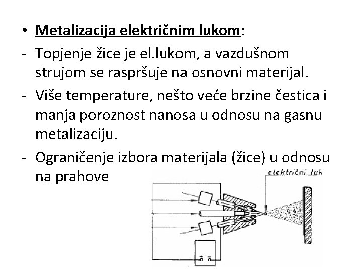  • Metalizacija električnim lukom: - Topjenje žice je el. lukom, a vazdušnom strujom