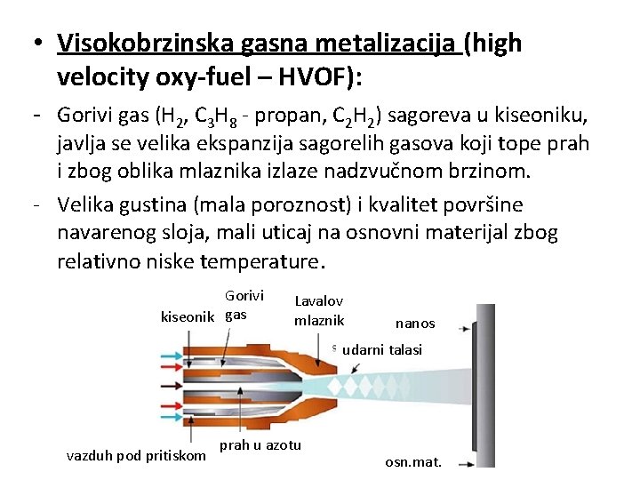  • Visokobrzinska gasna metalizacija (high velocity oxy-fuel – HVOF): - Gorivi gas (H
