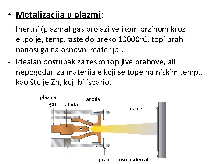  • Metalizacija u plazmi: - Inertni (plazma) gas prolazi velikom brzinom kroz el.
