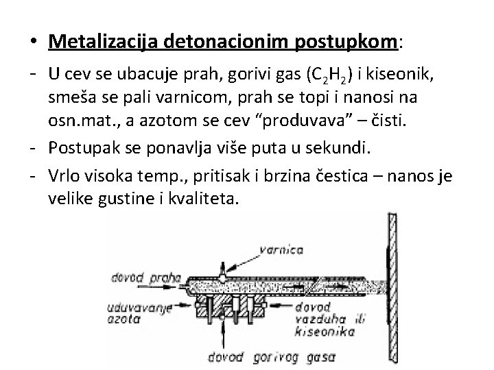  • Metalizacija detonacionim postupkom: - U cev se ubacuje prah, gorivi gas (C