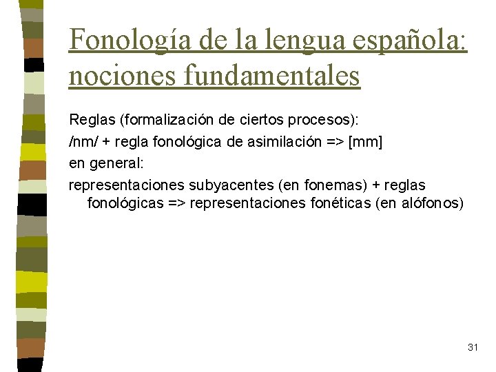 Fonología de la lengua española: nociones fundamentales Reglas (formalización de ciertos procesos): /nm/ +