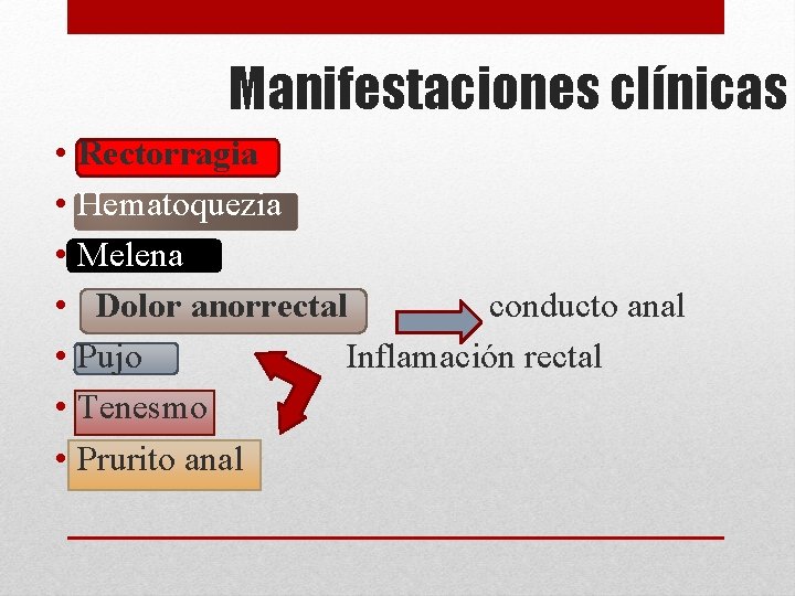 Manifestaciones clínicas • • Rectorragia Hematoquezia Melena Dolor anorrectal conducto anal Pujo Inflamación rectal