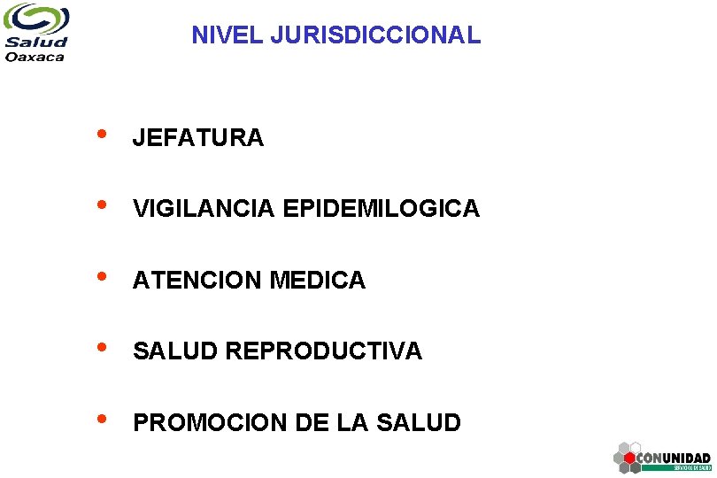 NIVEL JURISDICCIONAL • JEFATURA • VIGILANCIA EPIDEMILOGICA • ATENCION MEDICA • SALUD REPRODUCTIVA •