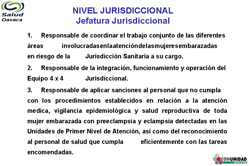 NIVEL JURISDICCIONAL Jefatura Jurisdiccional 1. Responsable de coordinar el trabajo conjunto de las diferentes