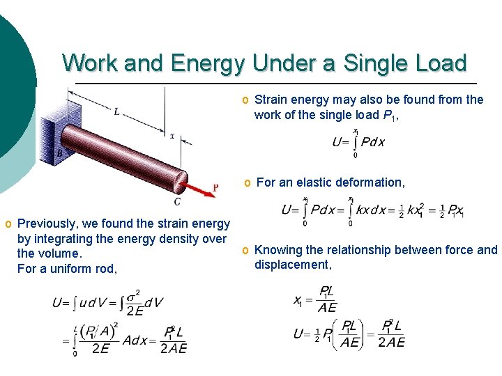 Work and Energy Under a Single Load o Strain energy may also be found