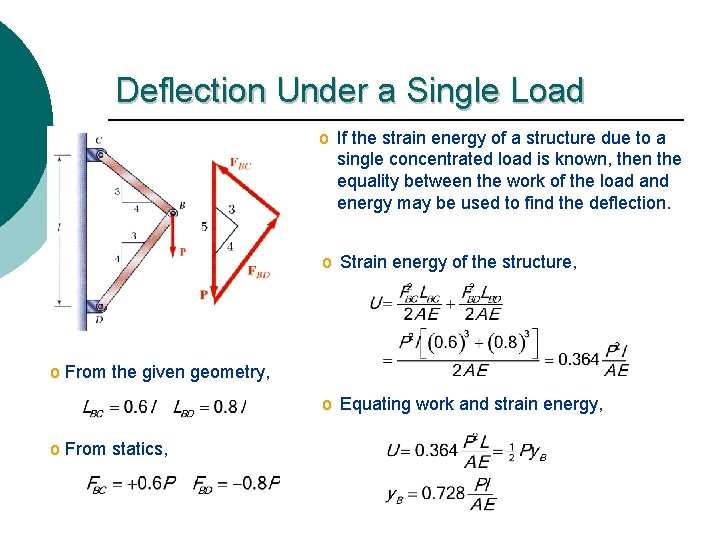 Deflection Under a Single Load o If the strain energy of a structure due