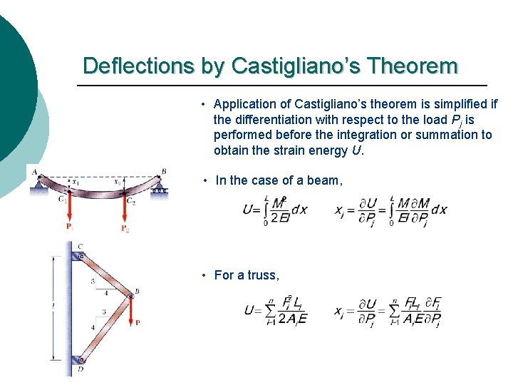 Deflections by Castigliano’s Theorem • Application of Castigliano’s theorem is simplified if the differentiation