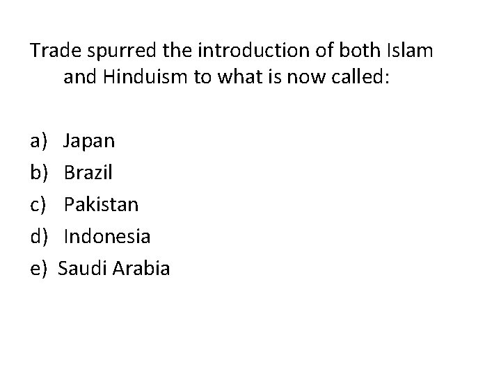 Trade spurred the introduction of both Islam and Hinduism to what is now called: