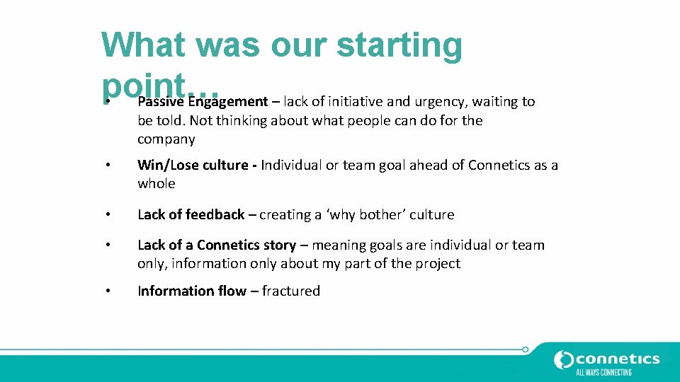What was our starting point… • Passive Engagement – lack of initiative and urgency, What was our starting point… • Passive Engagement – lack of initiative and urgency,