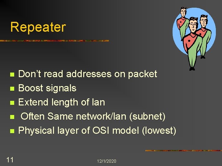 Repeater n n n 11 Don’t read addresses on packet Boost signals Extend length