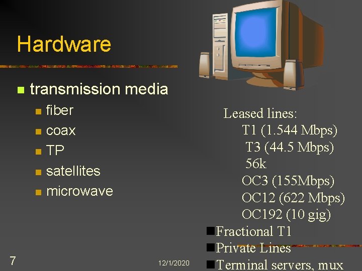 Hardware n transmission media n n n 7 fiber coax TP satellites microwave 12/1/2020