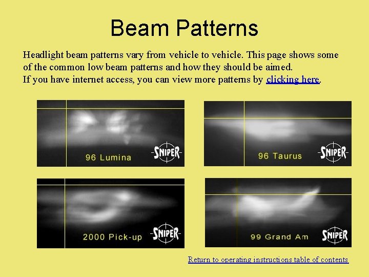 Beam Patterns Headlight beam patterns vary from vehicle to vehicle. This page shows some