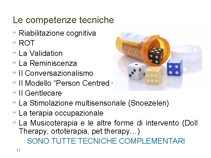 Le competenze tecniche Riabilitazione cognitiva ROT La Validation La Reminiscenza Il Conversazionalismo Il Modello