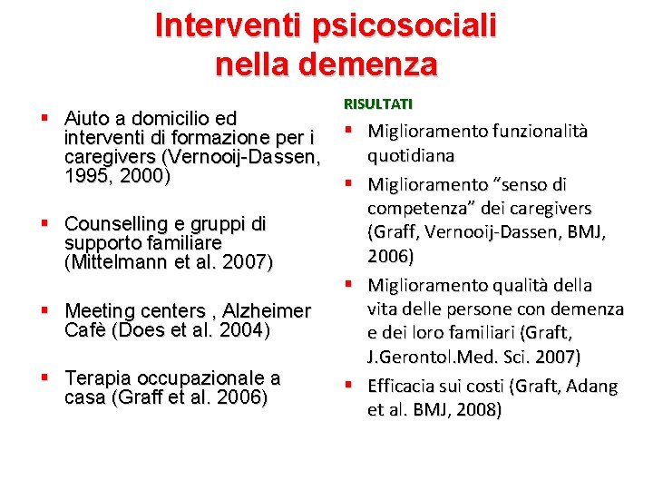 Interventi psicosociali nella demenza Aiuto a domicilio ed interventi di formazione per i caregivers