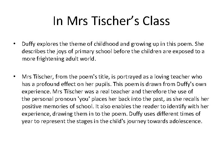 In Mrs Tischer’s Class • Duffy explores theme of childhood and growing up in