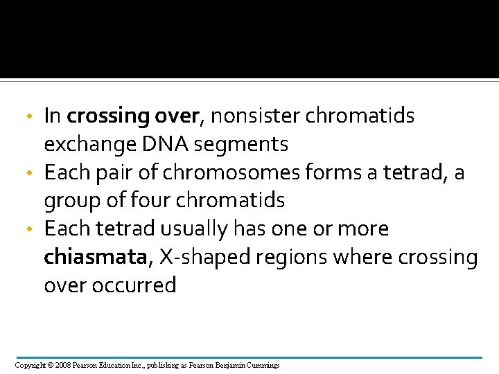 In crossing over, nonsister chromatids exchange DNA segments • Each pair of chromosomes forms
