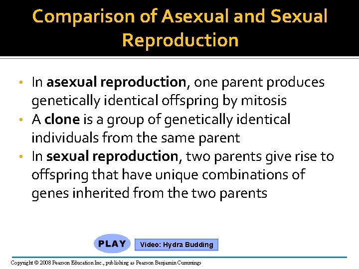 Comparison of Asexual and Sexual Reproduction In asexual reproduction, one parent produces genetically identical