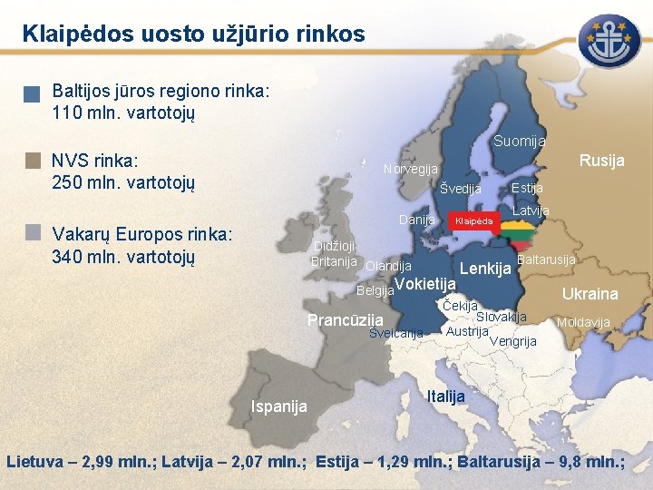 Klaipėdos uosto užjūrio rinkos Baltijos jūros regiono rinka: 110 mln. vartotojų Suomija NVS rinka: