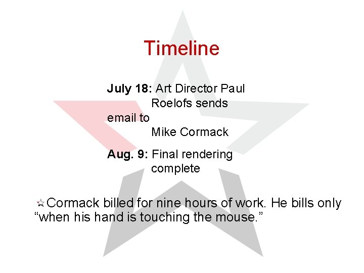 Timeline July 18: Art Director Paul Roelofs sends email to Mike Cormack Aug. 9: