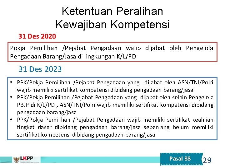 Ketentuan Peralihan Kewajiban Kompetensi 31 Des 2020 Pokja Pemilihan /Pejabat Pengadaan wajib dijabat oleh