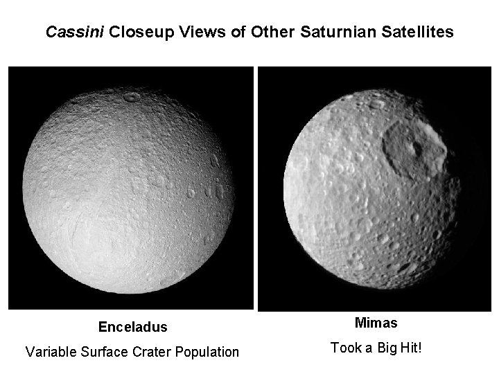 Cassini Closeup Views of Other Saturnian Satellites Enceladus Mimas Variable Surface Crater Population Took
