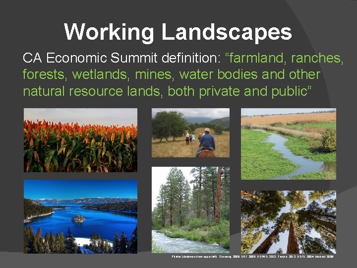Working Landscapes CA Economic Summit definition: “farmland, ranches, forests, wetlands, mines, water bodies and
