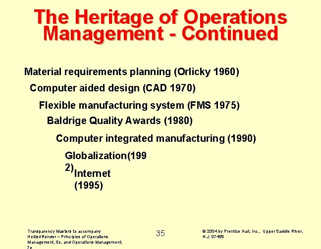 The Heritage of Operations Management - Continued Material requirements planning (Orlicky 1960) Computer aided