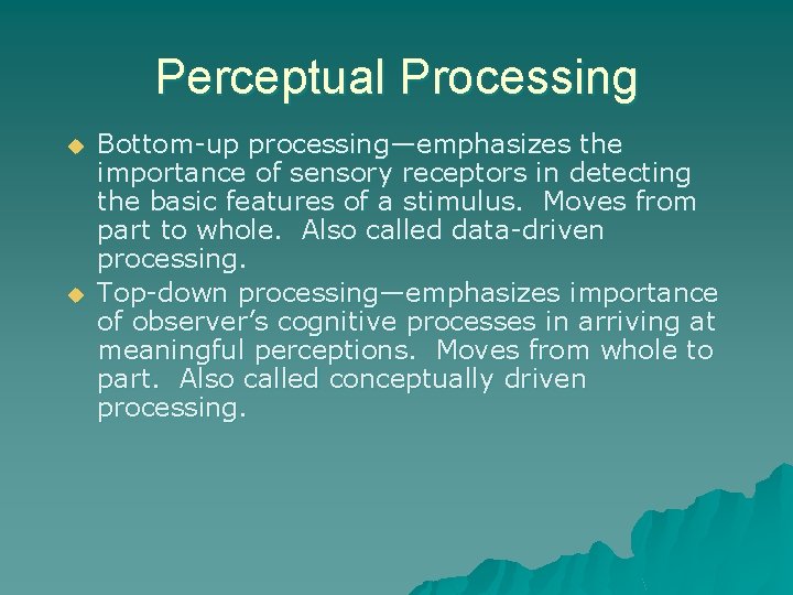 Perceptual Processing u u Bottom-up processing—emphasizes the importance of sensory receptors in detecting the