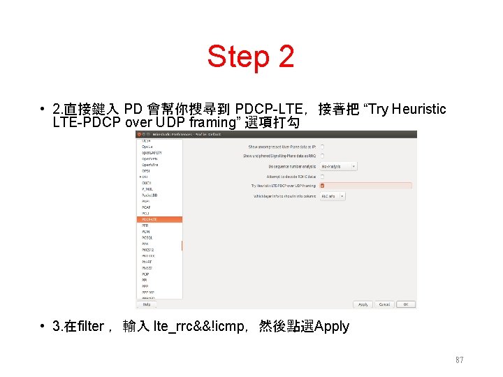 Step 2 • 2. 直接鍵入 PD 會幫你搜尋到 PDCP-LTE，接著把 “Try Heuristic LTE-PDCP over UDP framing”