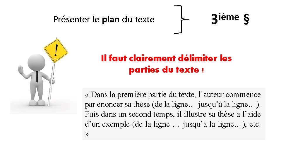 Présenter le plan du texte 3 ième § Il faut clairement délimiter les parties