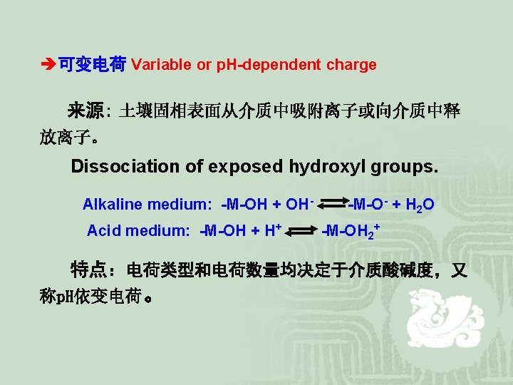 è可变电荷 Variable or p. H-dependent charge 来源: 土壤固相表面从介质中吸附离子或向介质中释 放离子。 Dissociation of exposed hydroxyl groups.
