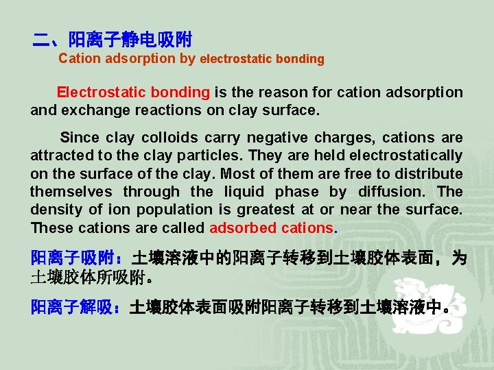 二、阳离子静电吸附 Cation adsorption by electrostatic bonding Electrostatic bonding is the reason for cation adsorption