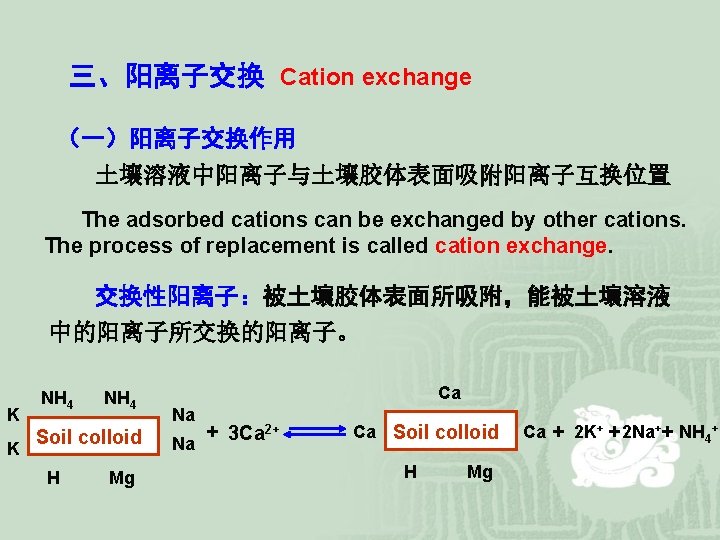 三、阳离子交换 Cation exchange （一）阳离子交换作用 土壤溶液中阳离子与土壤胶体表面吸附阳离子互换位置 　 The adsorbed cations can be exchanged by other