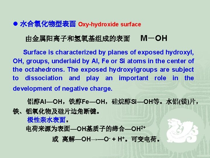 l 水合氧化物型表面 Oxy-hydroxide surface 由金属阳离子和氢氧基组成的表面 M－OH Surface is characterized by planes of exposed hydroxyl,