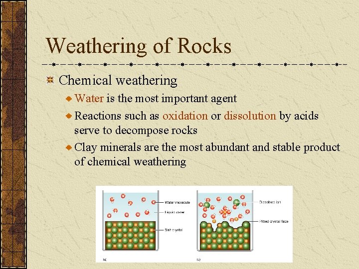 Weathering of Rocks Chemical weathering Water is the most important agent Reactions such as