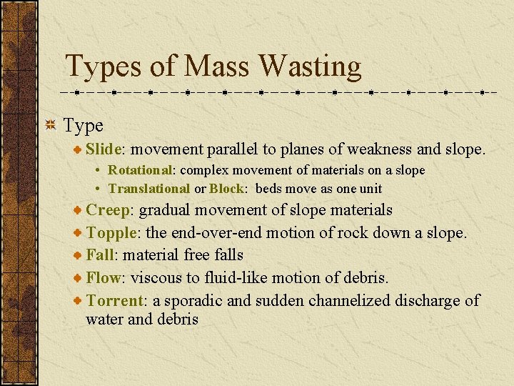 Types of Mass Wasting Type Slide: movement parallel to planes of weakness and slope.
