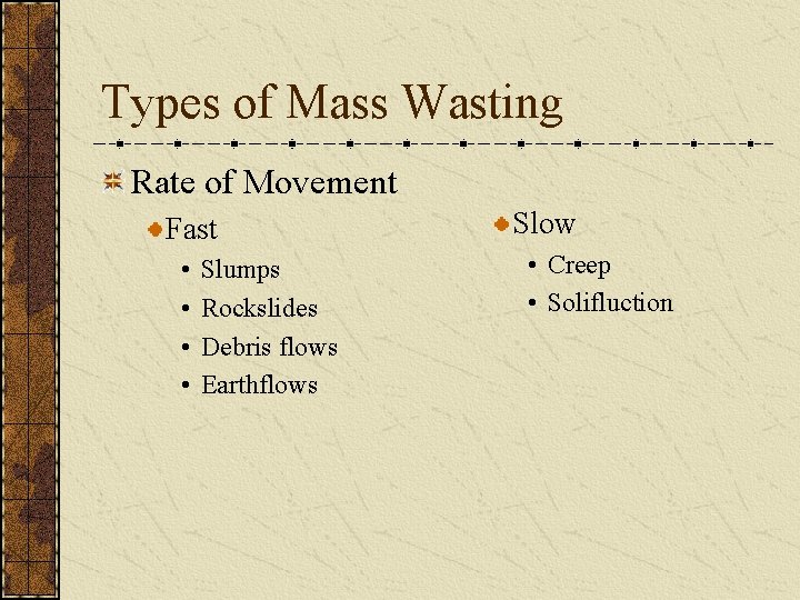 Types of Mass Wasting Rate of Movement Fast • • Slumps Rockslides Debris flows