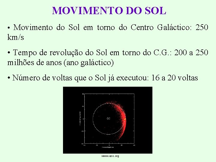 MOVIMENTO DO SOL • Movimento do Sol em torno do Centro Galáctico: 250 km/s