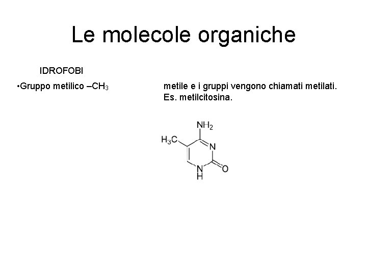 Le molecole organiche IDROFOBI • Gruppo metilico –CH 3 metile e i gruppi vengono