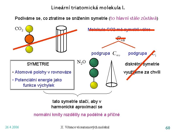 Lineární triatomická molekula I. Podíváme se, co ztratíme se snížením symetrie (to hlavní stále