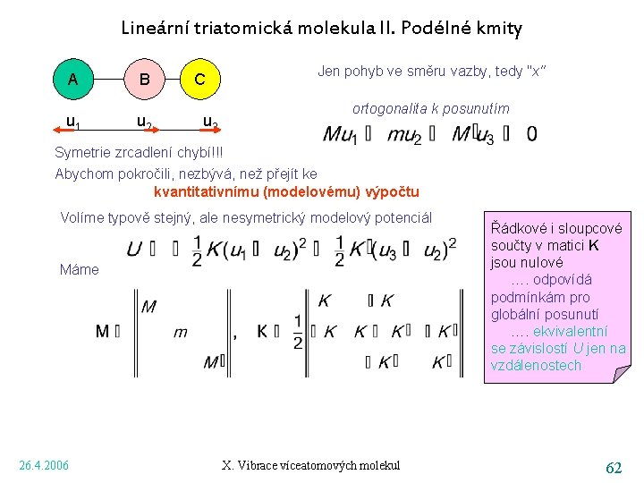 Lineární triatomická molekula II. Podélné kmity A u 1 B u 2 C u