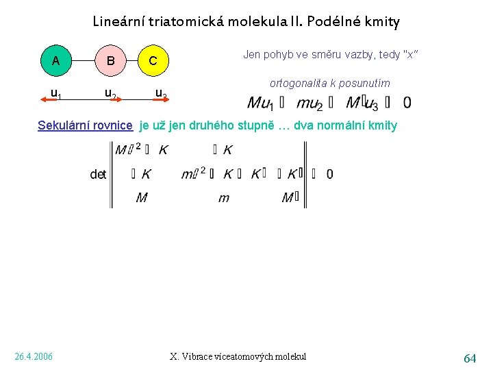 Lineární triatomická molekula II. Podélné kmity A u 1 B u 2 C u